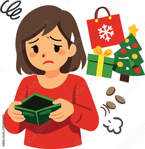 A woman clutching her wallet feels anxious about overspending on Christmas, feeling financially insecure after exceeding her holiday budget