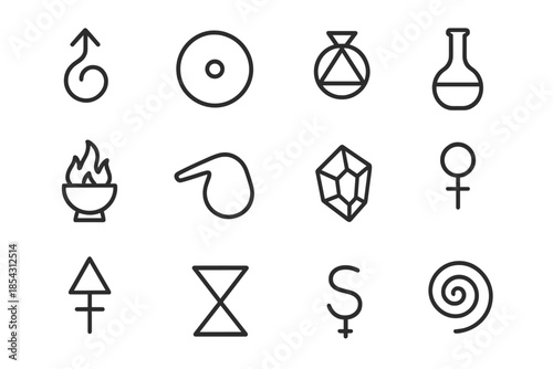 Line Style Alchemy Icons. Line style icons of Hermetic Alchemy: Transmutation, Prima Materia, Alchemical Symbol, Flask; Alembic,