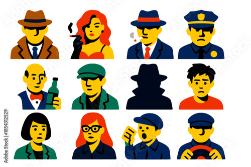 Noir Detective Icons. Flat vector icons of Noir Detective Characters: private eye, femme fatale, mobster, crooked cop, bartender,