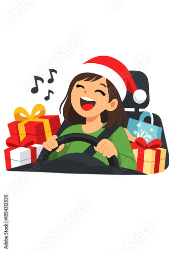 A delighted young woman in a Santa hat drives a car with Christmas gift boxes nearby, enjoying music and singing as she feels the joy of preparing for the winter holiday