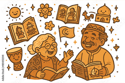 Cultural Storytelling Doodle. Whimsical doodle diaspora storytelling scene with happy elders, cartoon storybooks floating,