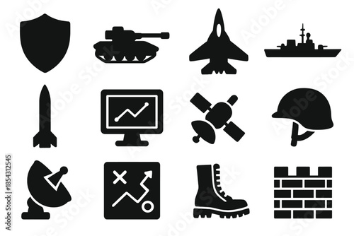 Military Strategy Icons. Solid style icons of military strategy: defense shield, tank silhouette, fighter jet, naval destroyer,