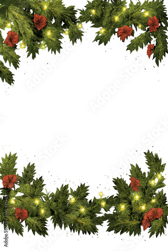 Pine needles and fairy lights frame Christmas greenery against a dark backdrop, evoking a festive atmosphere and a warm holiday feeling