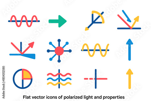 Polarized Light Icons. Flat vector icons of polarized light physics and properties: light wave, vector arrow, angle of