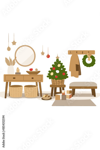 A contemporary Christmas hallway featuring minimalist furnishings, neutral hues, understated decorations, and a small tree that evokes a warm festive ambiance