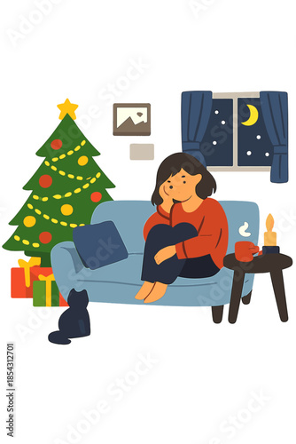 A single woman spends time alone at home, surrounded by Christmas decorations, feeling lonely during the holidays—illustrating social isolation and coping with holiday loneliness