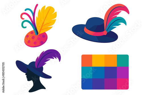 Theatrical Hats Illustrations. Isometric vector illustration set Theatrical Millinery: Bright stage fascinator, oversized
