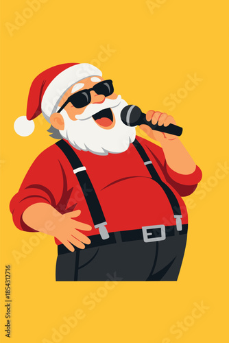 A stylish, grey‑haired grandfather in a red hat celebrates Christmas, holding a microphone, singing Noel carols, feeling funky with a big belly and suspenders, set against a yellow background