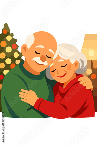 A touching depiction of an older couple, holding each other with eyes shut, exuding love and warmth inside a snug room, with fuzzy Christmas lights behind them