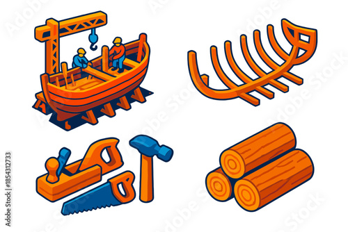 Traditional Shipbuilding Scene. Isometric vector illustration set Traditional Shipbuilding: shipyard scene, wooden keel beam, rib