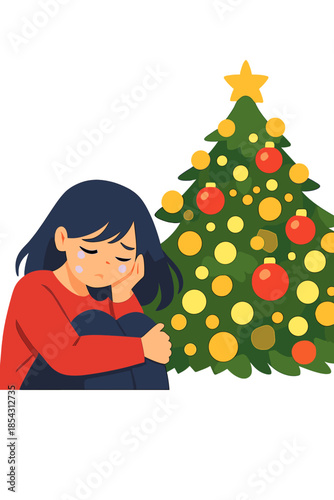 A sorrowful young woman weeps amid the Christmas season, feeling isolated and despondent before a festive tree illuminated by bokeh lights