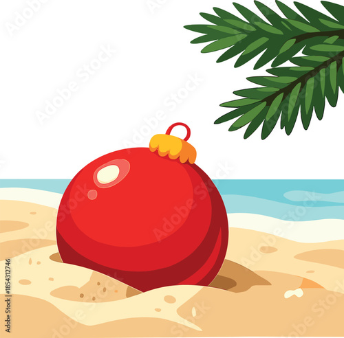 A red Christmas ornament on sandy shore, surrounded by dimmed lights and a green pine branch in the backdrop, evokes a cozy festive vibe at a July beach