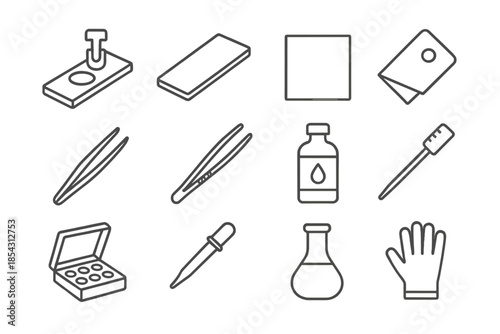 Microscopy Tool Icons. Line style icons of microscopy tools: specimen holder, glass slide, cover slip, microtome blade; tweezers,