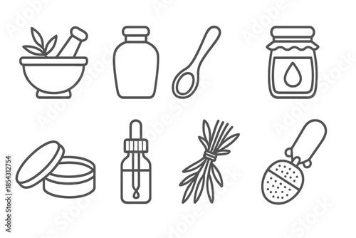 Herbal Medicine Icons. Line style icons of Herbal Craft: Medicinal Herb, Preparation Tools, Ancient Remedy, Folk Medicine; Mortar,