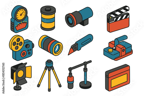 Analog Film Icons. Isometric vector illustration set Analog Film: vintage light meter with dial, labeled film canister case,