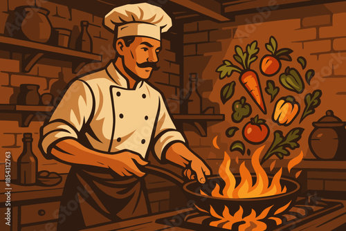 Chef Tossing Vegetables. Rustic kitchen with vector illustration a chef tossing fresh vegetables in a skillet over an open flame,