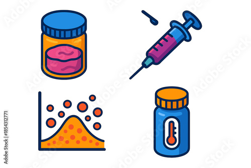 Bioink Process Icons. Isometric vector illustration set Bioink Formulation Process: Gel-based substrate jar, syringe with