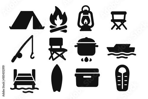 Coastal Camping Essentials. Solid style icons of Coastal night camp: tent, campfire, lantern, fishing pole, folding chair, cooking