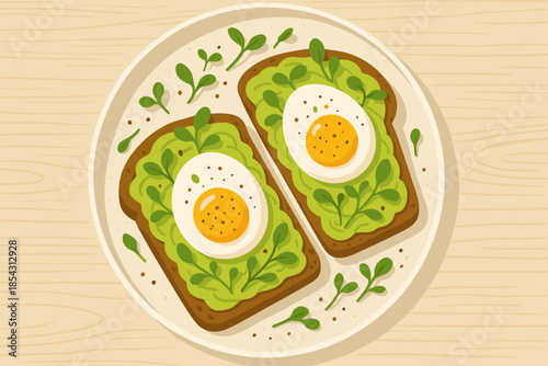 Avocado Toast Delight. Flat lay of avocado toast topped vector illustration with poached eggs, microgreens, and spices, vibrant