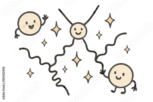 Playful Particle Doodles. Adorable doodle Feynman diagram with smiling lines and vertices, cartoon particles waving at each other,