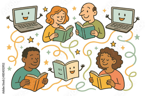 Joyful Learning Journey. Whimsical doodle lifelong learning scene with happy adults reading, cartoon laptops and books waving,