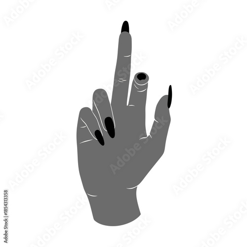 A gray hand with black fingernails is shown with the middle finger raised.