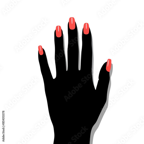 Elegant Black Hand with Coral Manicure on White Background.