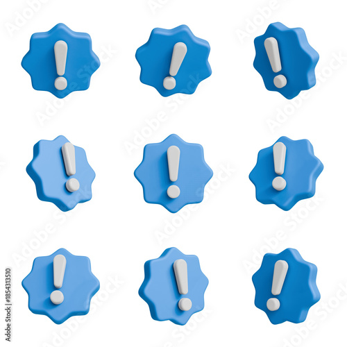 Warning sign set with light blue starburst shape and exclamation mark, 3D illustration of alert icons from different angles, attention symbol collection.
