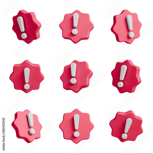 Warning sign set with pink starburst shape and exclamation mark, 3D illustration of alert icons from different angles, attention symbol collection.
