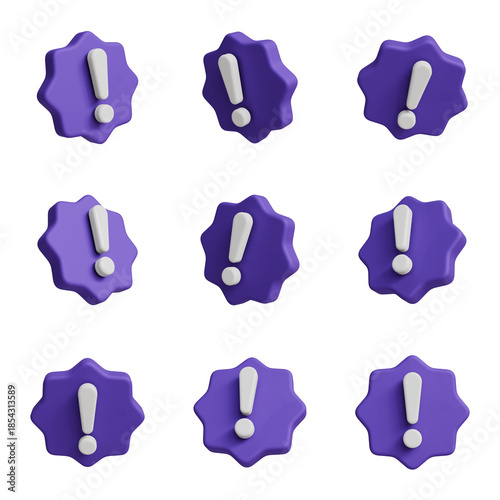 Warning sign set with purple starburst shape and exclamation mark, 3D illustration of alert icons from different angles, attention symbol collection.
