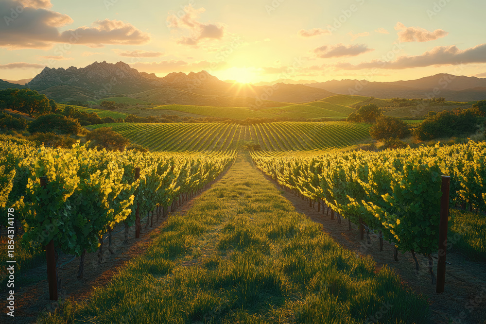 Naklejka premium Sunrise Gilds the Vineyards with Golden Serenity
