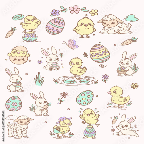 Cute Easter Animals Clipart Set, Bunny, Lamb, Chick & Duckling, Pastel Spring Nursery Illustration Bundle, Includes multiple poses, spring flowers, eggs, and props to help you create cohesive designs