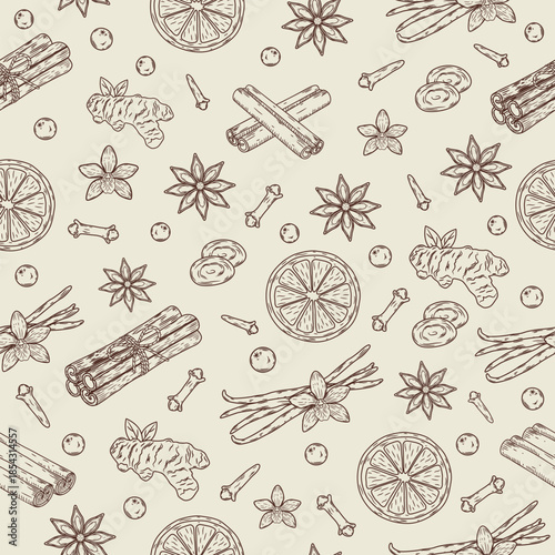 Elegant hand drawn seamless pattern featuring warm winter spices: cinnamon, star anise, vanilla, ginger, and orange slices