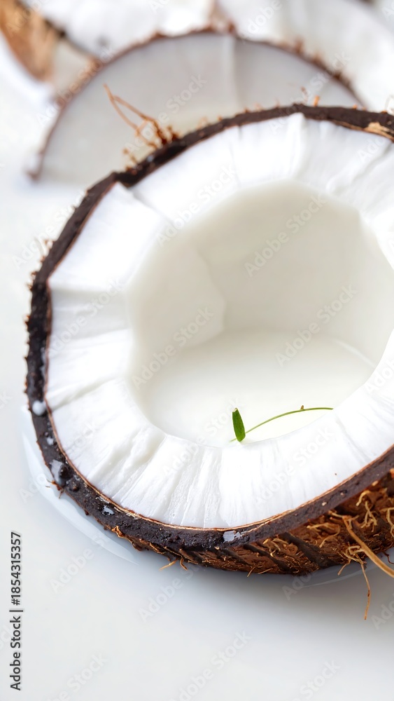 custom made wallpaper toronto digitalClose-up of a freshly cracked coconut half with white flesh and clear water, featuring a small green sprout floating inside on a bright white background.