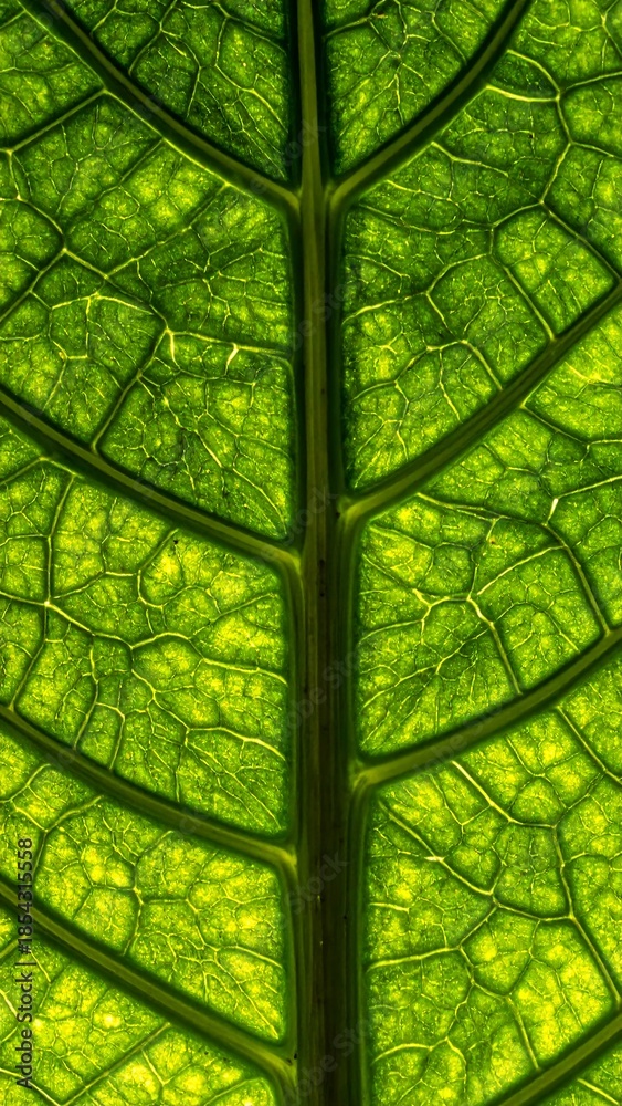 custom made wallpaper toronto digitalClose-up view of a vibrant green leaf showcasing its intricate vein structure and translucent texture under backlight.