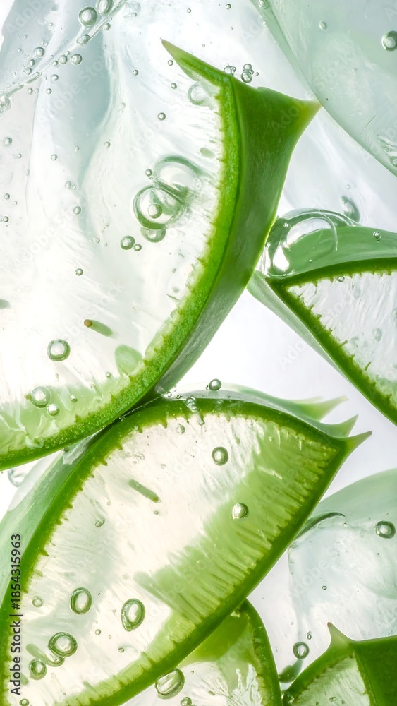 custom made wallpaper toronto digitalVibrant close-up of fresh aloe vera leaf slices in clear, bubbly gel, emphasizing natural skincare and hydration.