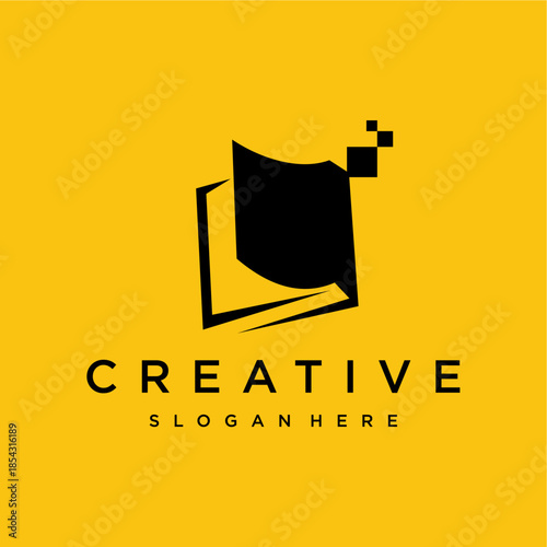 Modern geometric logo of an open book transforming into digital pixels, symbolizing knowledge, innovation, and creative design concepts
