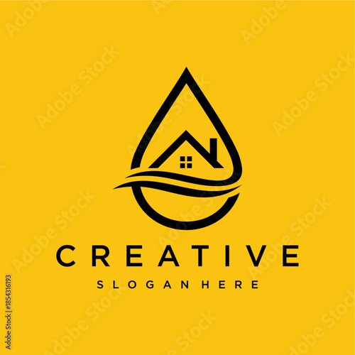 Real Estate Logo Design A Droplet Containing a House and Waves