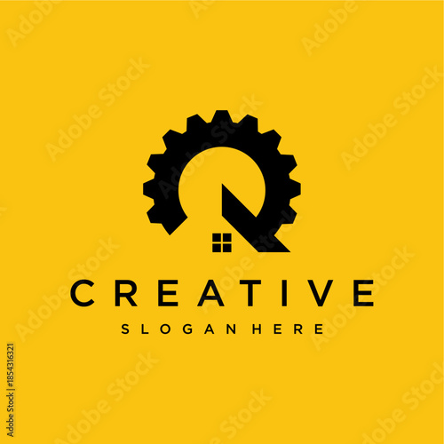 Abstract Q logo representing construction and real estate services with a house and gear