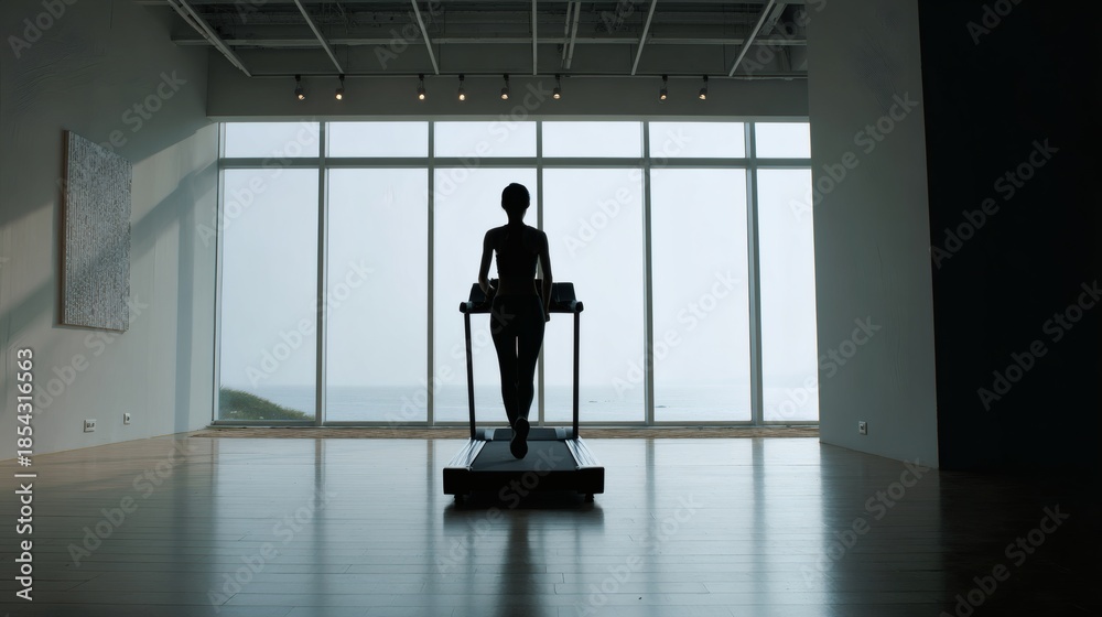 Fototapeta premium Silhouette person train on treadmill in empty gym with window light