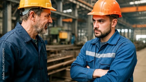 Supervisor, manager scolding employee in modern industry factory. Worker making mistake. 