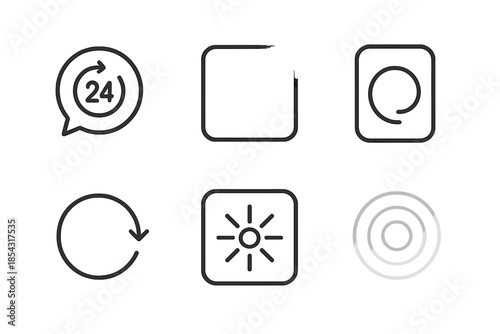 Ephemeral Line Icons. Line vector icons of 24-hour disappearing visuals: time-cap bubble, blurred corner, momentary content tile,