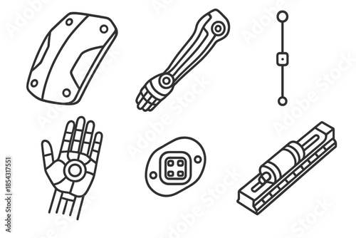 High-Tech Limb Augmentation. Line vector icons of high-tech limb augmentation: cyber plate, tendon drive, micro-sensor line, palm