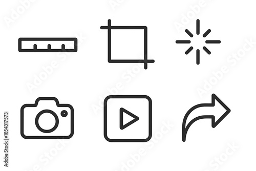 Video Editor Icons. Line vector icons of short-form video editor: mini timeline, crop corners, motion spark, camera icon, play
