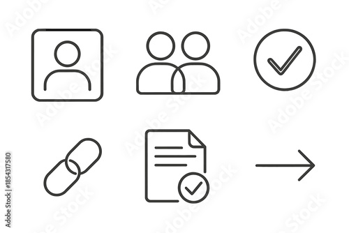Digital Identity Icons. Line vector icons of authorized digital self-duplicate: profile frame, twin icon, verified mark, chain
