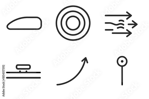 High-Velocity Tube Pod. Line vector icons of high-velocity tube pod: pod silhouette, tunnel ring set, directional airflow,