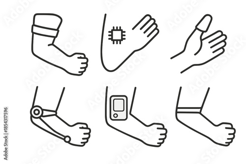 Wearable Tech Icons. Line vector icons of wearable arm augmentation tech: flex module, microchip insert, fingertip sensor, motion