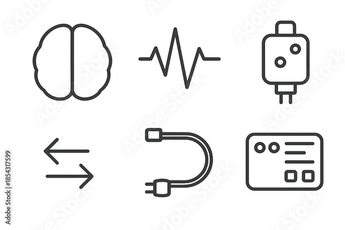 Neural Data Exchange Icons. Line vector icons of neural data exchange: hemispheric outline, pulse streak, sensor block, interface