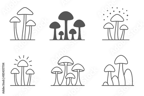Fungal Skyline Icons. Line style icons of fungal skyline elements: tall mushrooms, cap silhouettes, vertical roots, flowing spores
