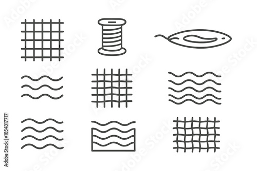 Tidal Loom Icons. Line style icons of tidal loom interfaces: tide pattern, thread wheel, wave shuttle, rhythmic flow, woven line,